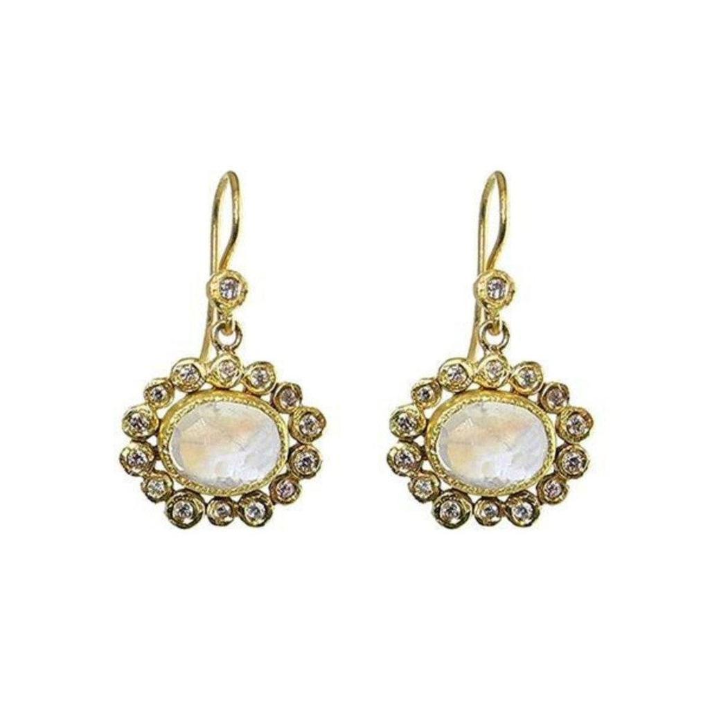 Elegant Moonstone Earrings in 18k gold, featuring a halo of shimmering diamonds.
