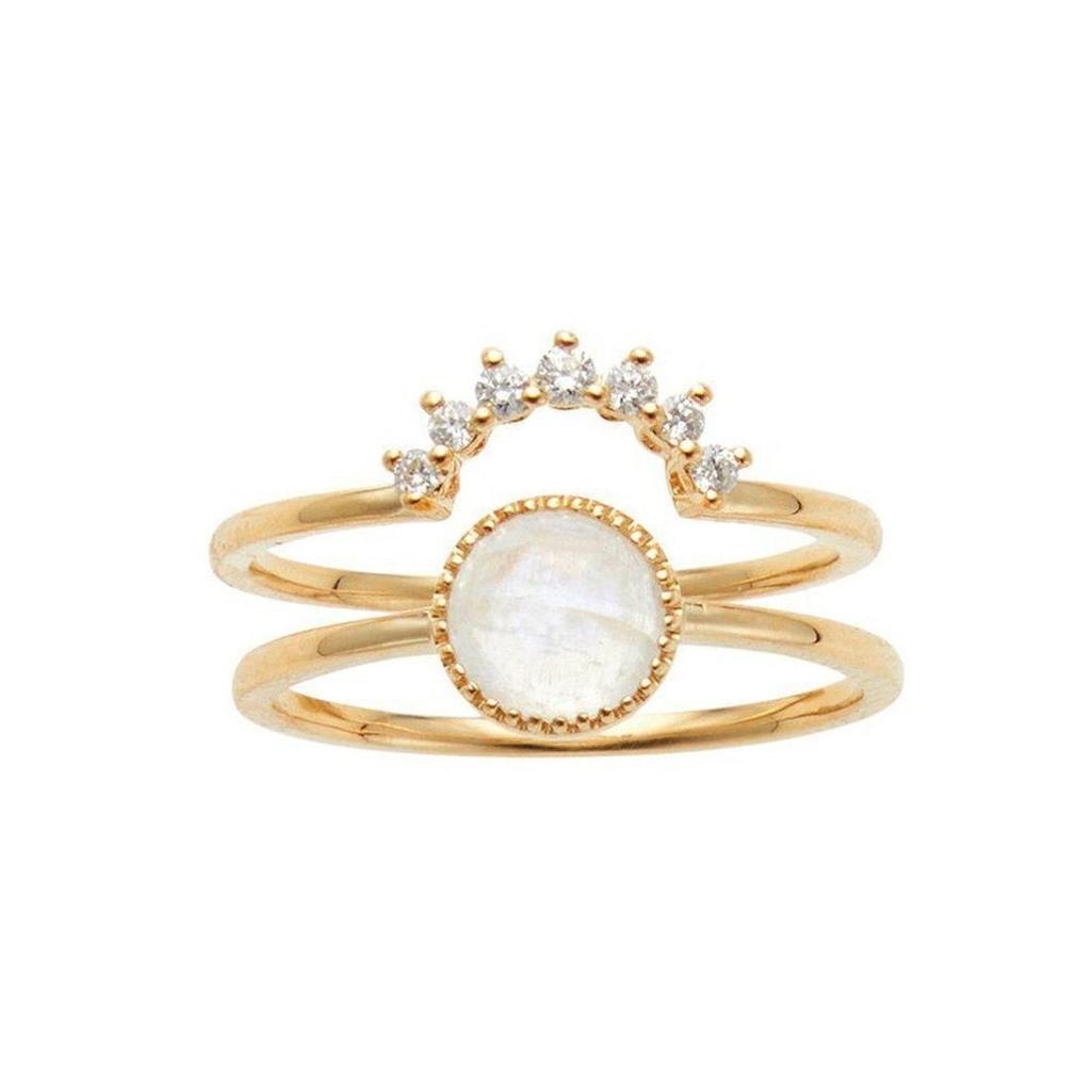 Gold double-band ring featuring a moonstone and diamond accents.
