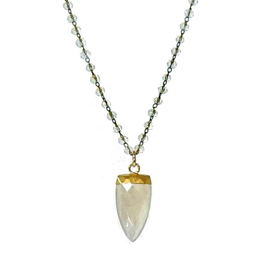 Moonstone tooth pendant necklace with gold-accented crystal beads
