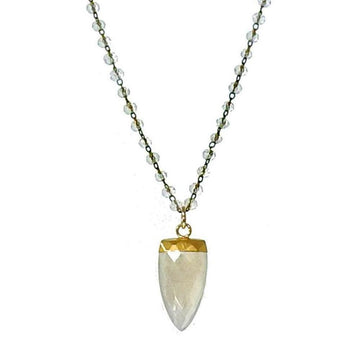 Moonstone tooth pendant necklace with gold-accented crystal beads
