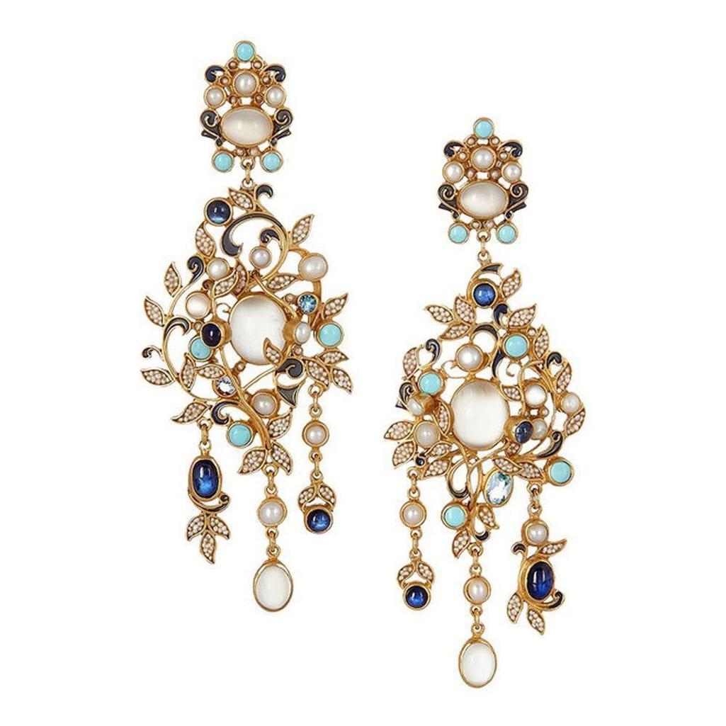 Moonstone Turquoise Chandelier Earrings: Gold, pearls, moonstones, turquoise & sapphires. Elegant statement earrings.
