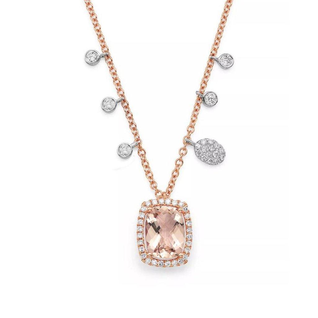 Rose gold Morganite necklace with diamond accents and charm drops.
