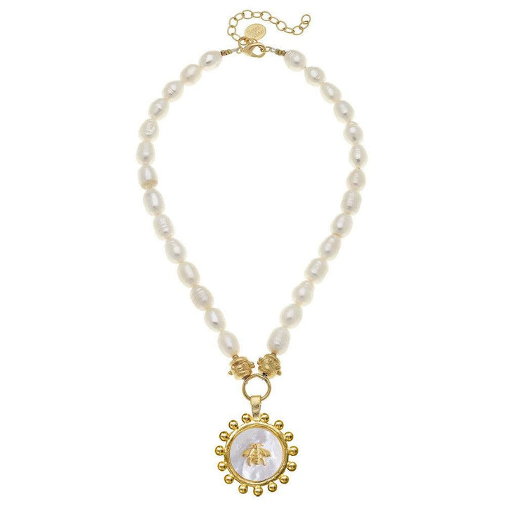 Mother of Pearl Bee Necklace on Freshwater Pearls-Susan Shaw-Swag Designer Jewelry