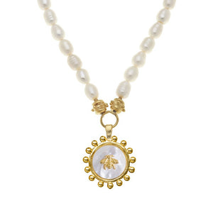 Mother of Pearl Bee Necklace on Freshwater Pearls-Susan Shaw-Swag Designer Jewelry