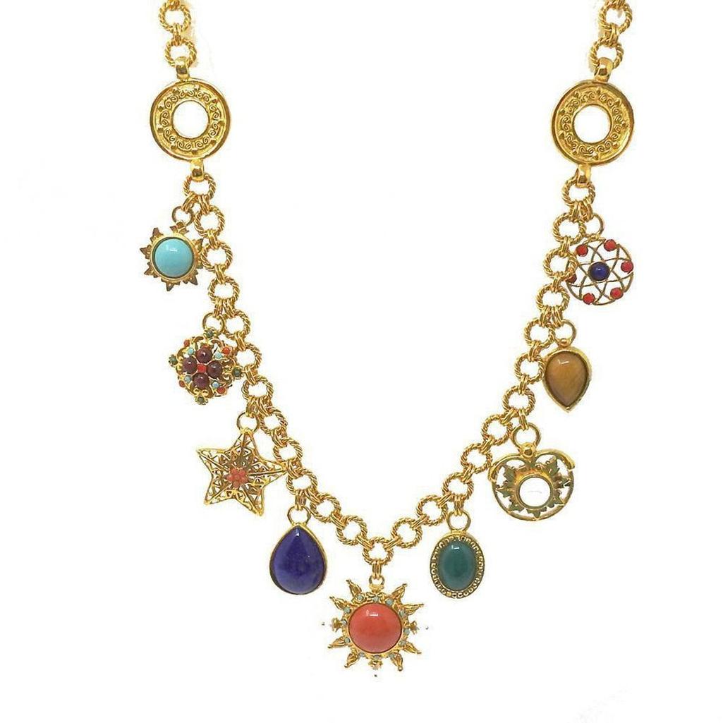 Gold multi-charm link necklace with colorful gemstone pendants.
