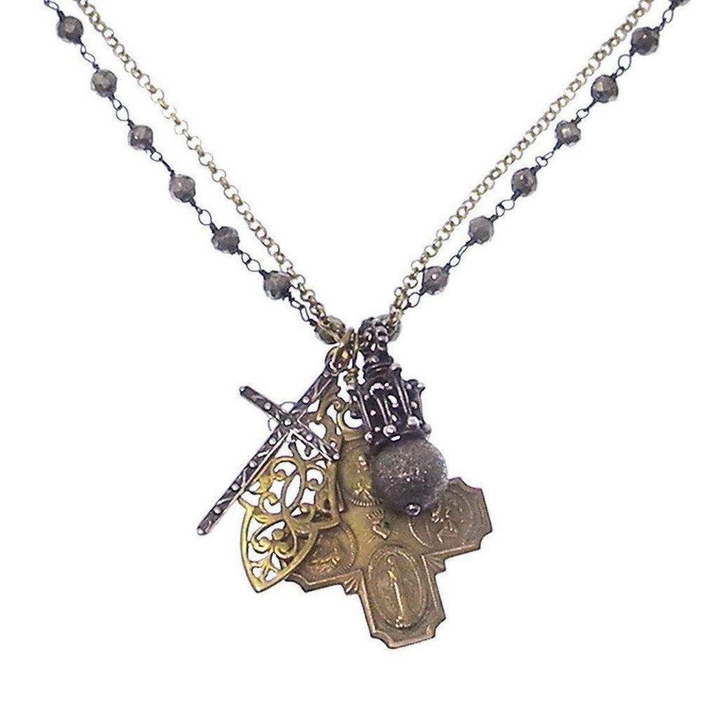 Brass & pyrite multi-cross pendant necklace with double chain.

