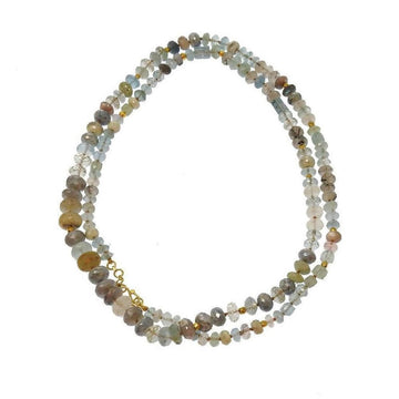 Multi-gemstone necklace, featuring aquamarine, rose quartz, and labradorite beads on a gold clasp.
