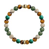 Multi-stone bracelet with tiger eye, malachite, and fossilized wood beads; gold skull and spacer beads.
