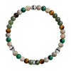 Multi Jade Beaded Bracelet with Tiger Eye & Malachite stones, silver skull accents.
