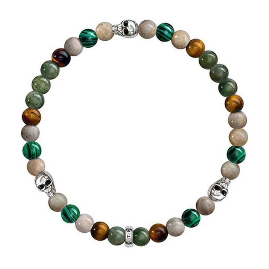Multi Jade Beaded Bracelet with Tiger Eye & Malachite stones, silver skull accents.
