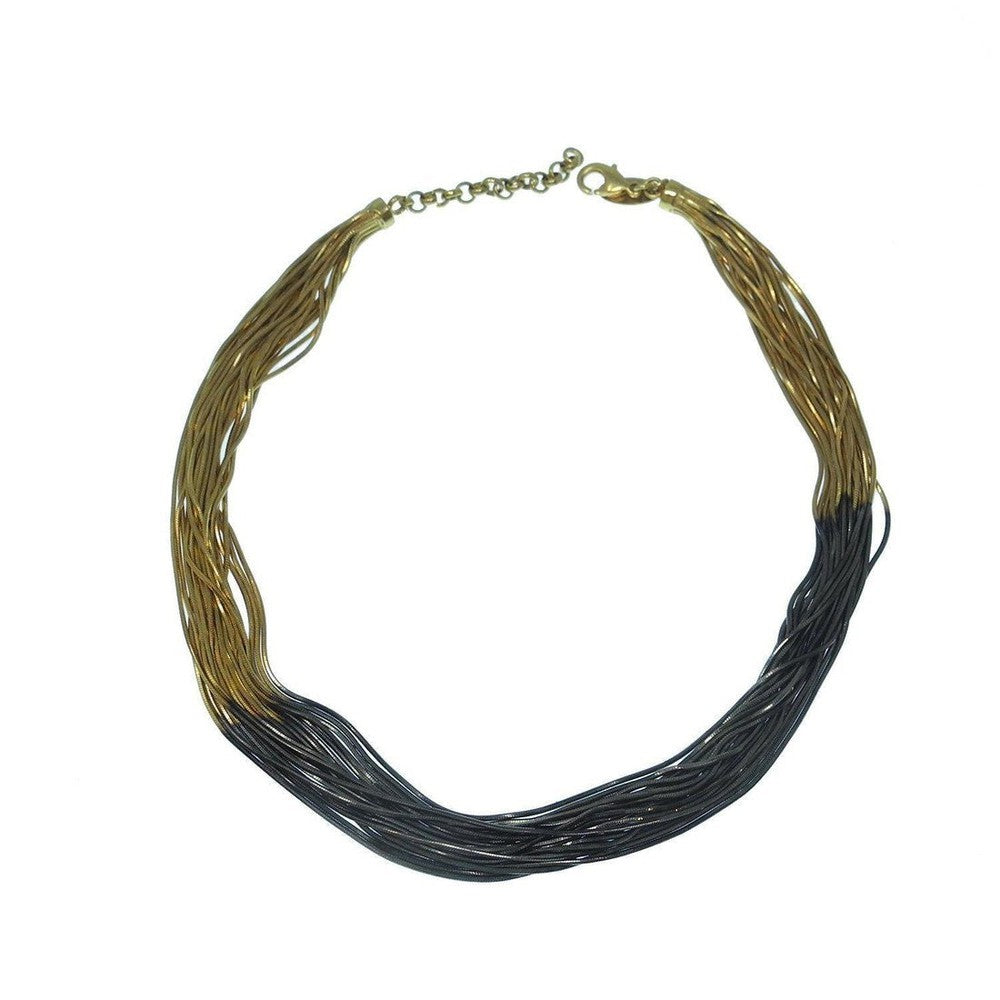 Multi-strand ruthenium and gold necklace with a unique two-tone design.
