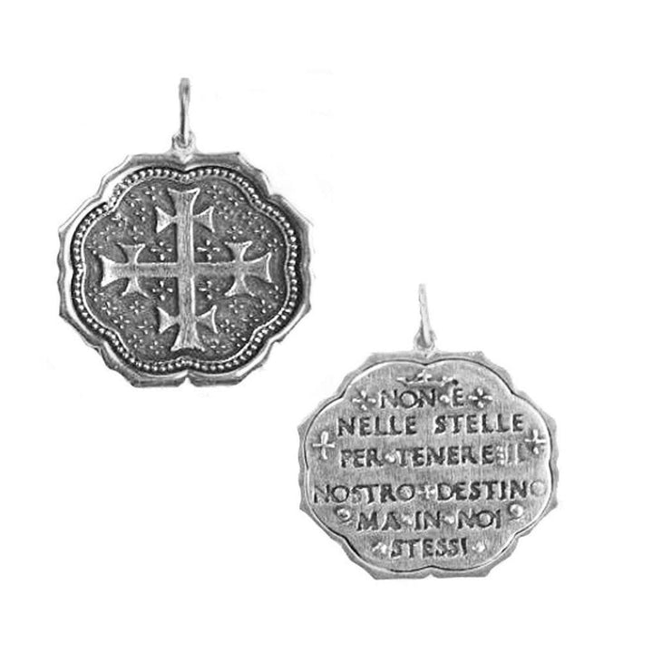Silver multi-cross charm pendant; "It is not in the stars...destiny" inscription.
