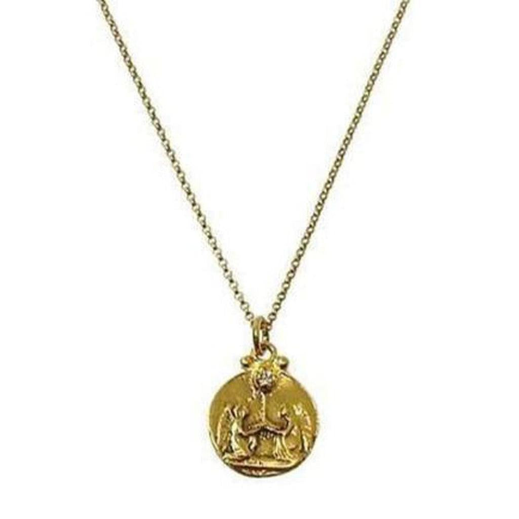 Gold My Guardian Angel charm necklace with detailed coin pendant featuring angelic figures.
