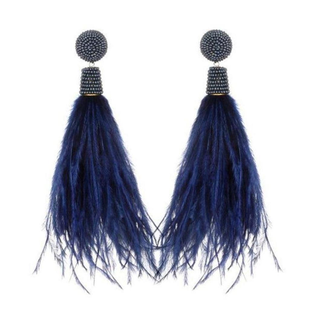 Navy feather earrings with beaded detail for a statement look.
