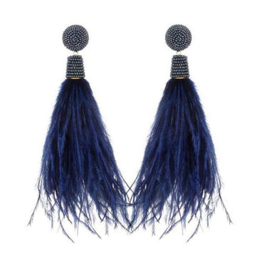Navy feather earrings with beaded detail for a statement look.
