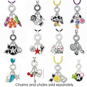 Silver charm carrier necklace showcasing diverse colorful charms.
