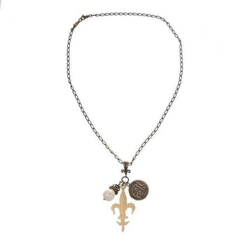 Bronze chain necklace featuring a fleur-de-lis charm, accented with a pearl and medallion.
