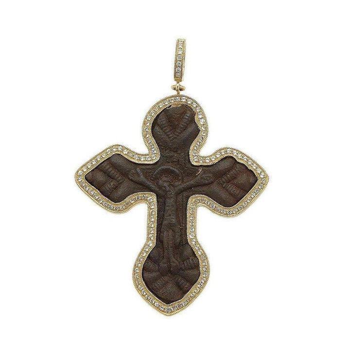 Old Kievan Russian Cross pendant: dark brown stone crucifix with gold frame and diamond accents.
