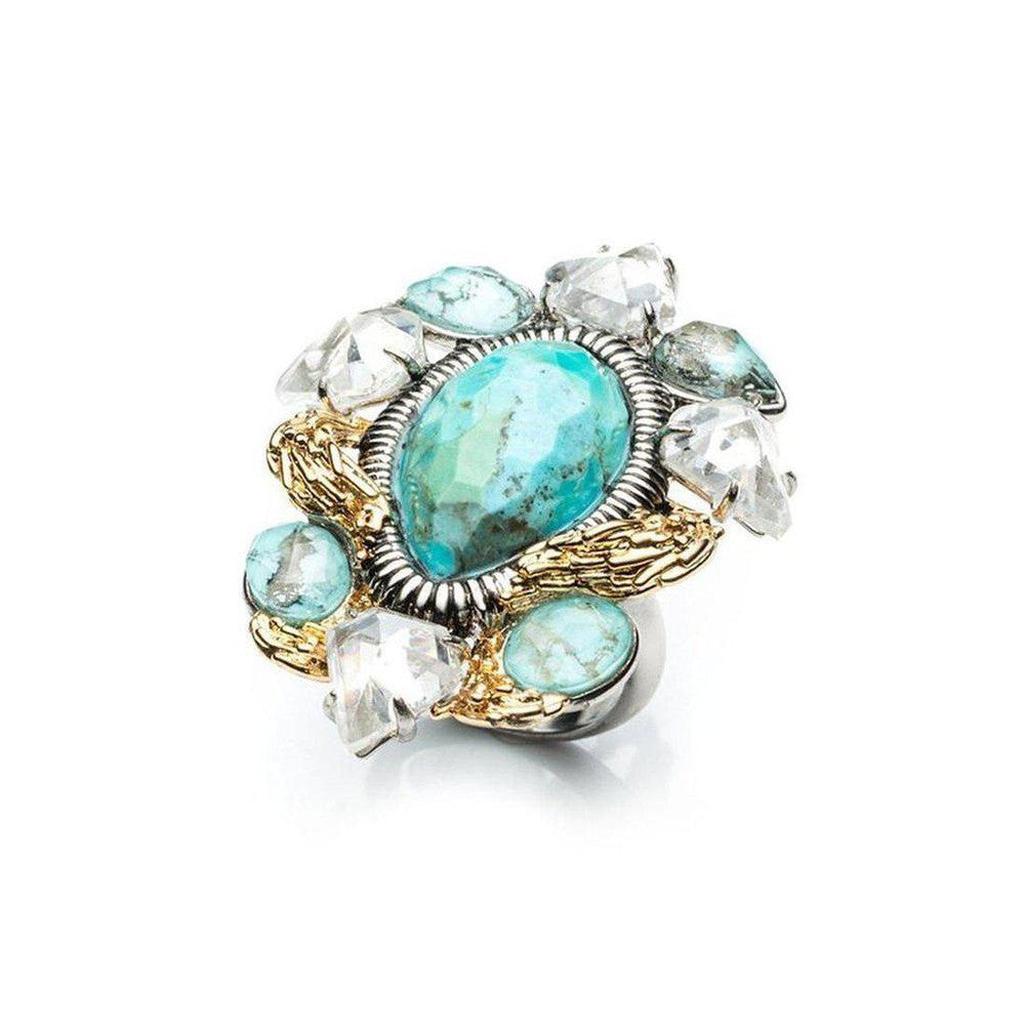 Olmeca Ring Turquoise size 7: statement turquoise & crystal ring in gold & silver.
