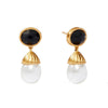 Olympia Pearl Drop Earrings: Gold-tone, black onyx, and pearl drop earrings.
