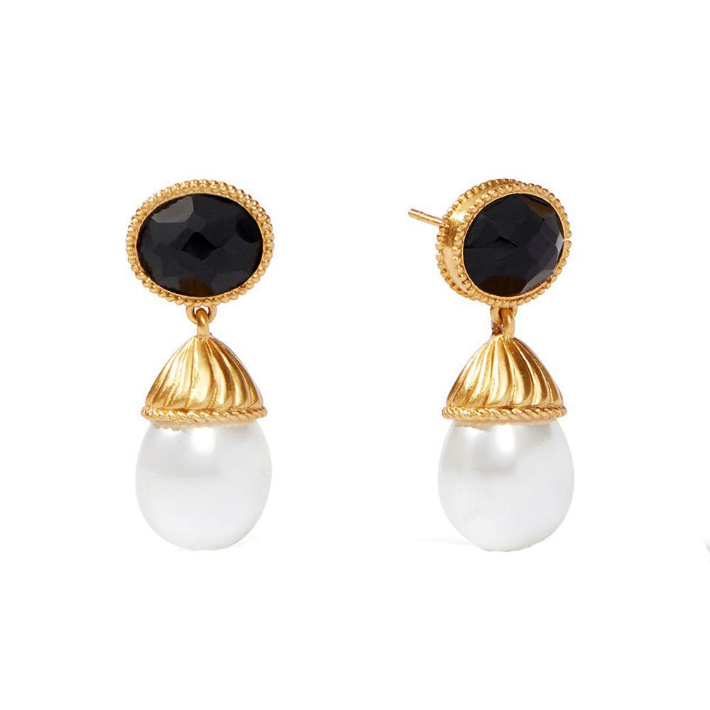 Olympia Pearl Drop Earrings: Gold-tone, black onyx, and pearl drop earrings.
