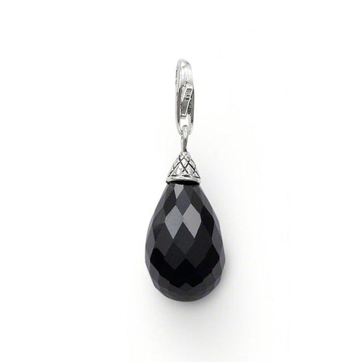 Onyx teardrop pendant with sterling silver clasp and ornate detailing.
