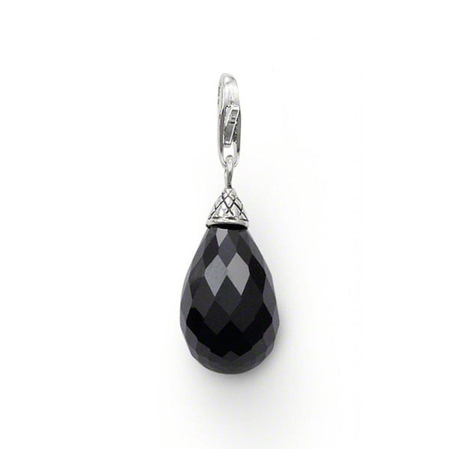 Onyx teardrop pendant with sterling silver clasp and ornate detailing.
