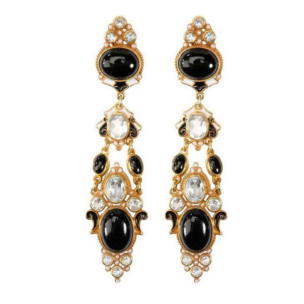 Elegant Onyx and White Topaz drop earrings with gold accents.
