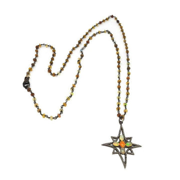 Opal star pendant necklace with multicolored gemstone beads.
