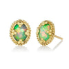 Opal stud earrings with gold chain & bead detailing.
