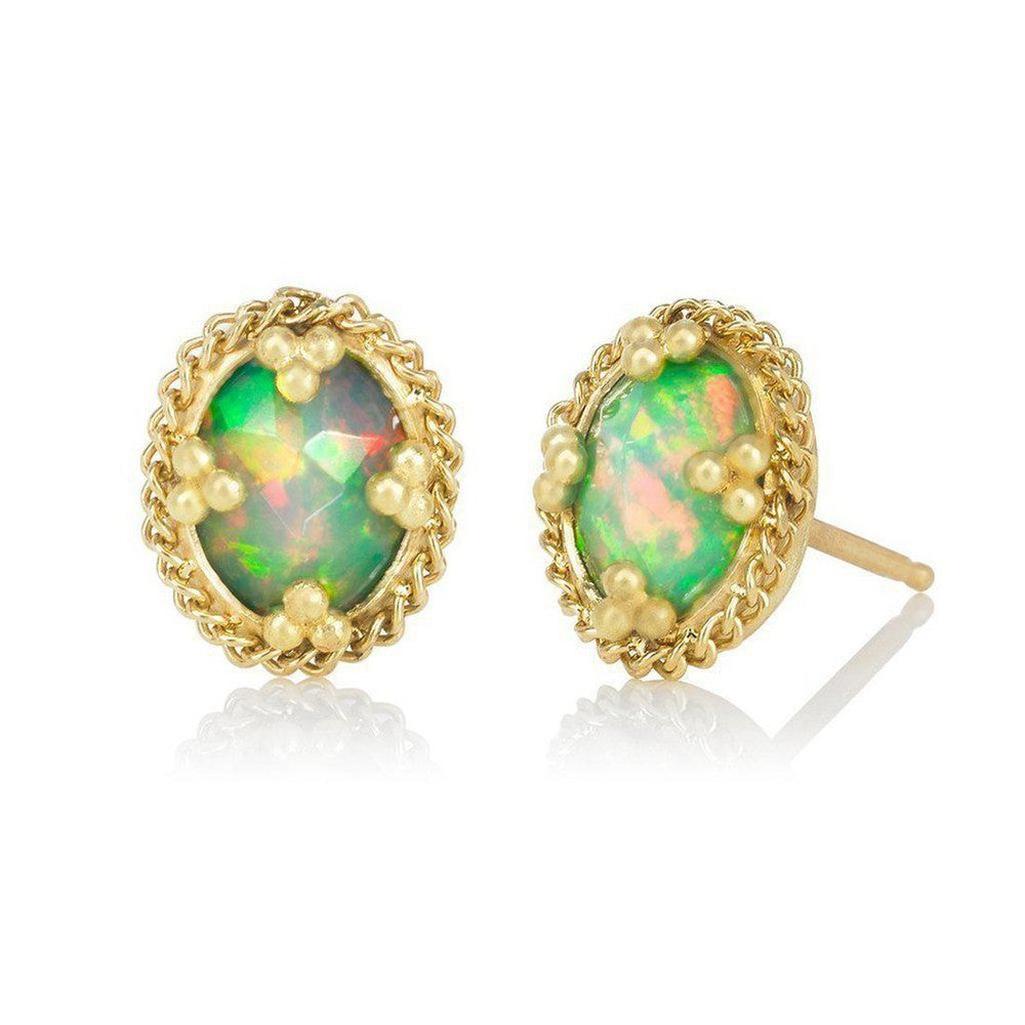 Opal stud earrings with gold chain & bead detailing.
