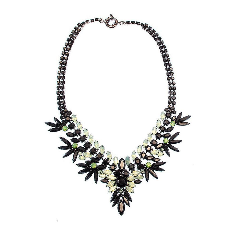 Statement opal and amethyst necklace with black and pale green crystals
