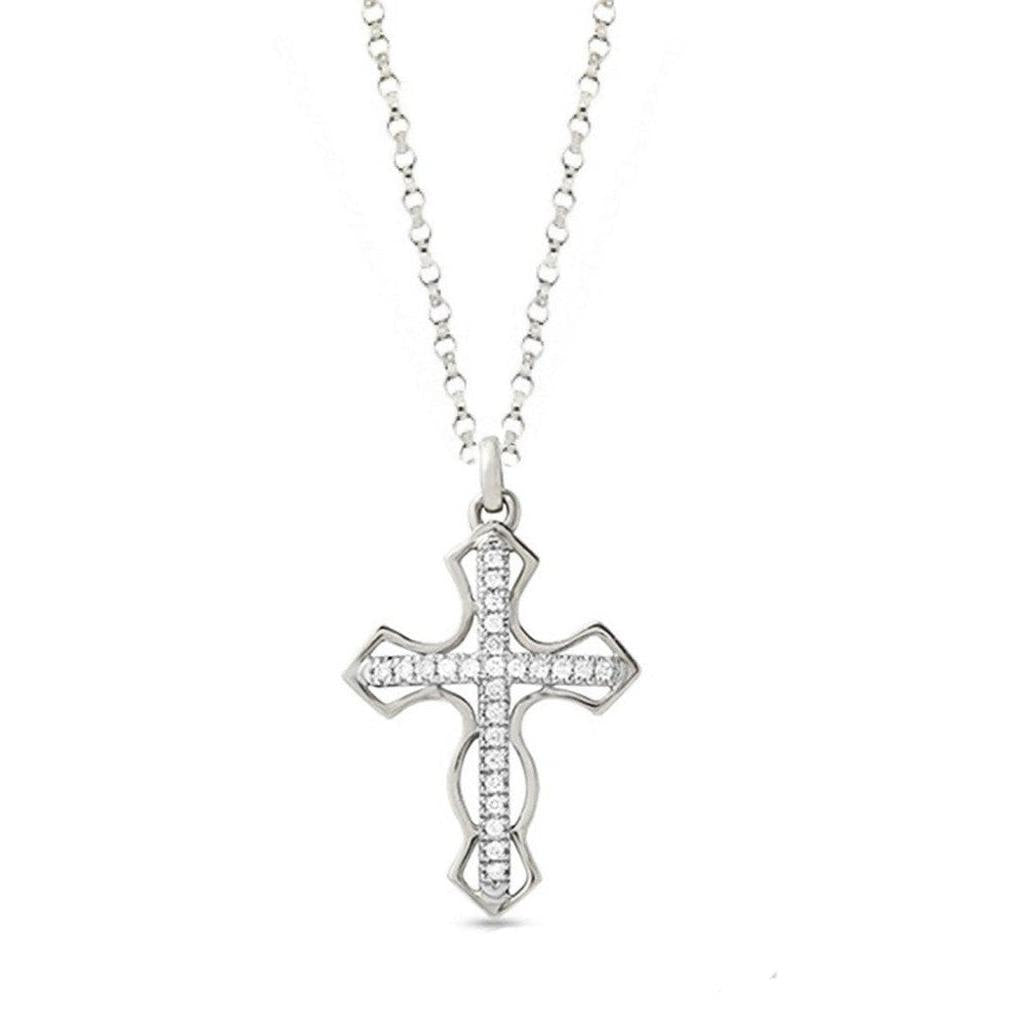 Open Cut Diamond Cross necklace:  Silver cross pendant with sparkling cubic zirconia accents.
