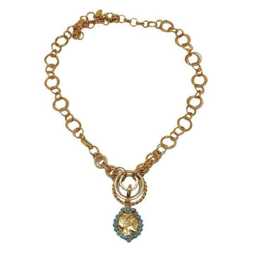 Gold open link necklace with turquoise pendant charm.
