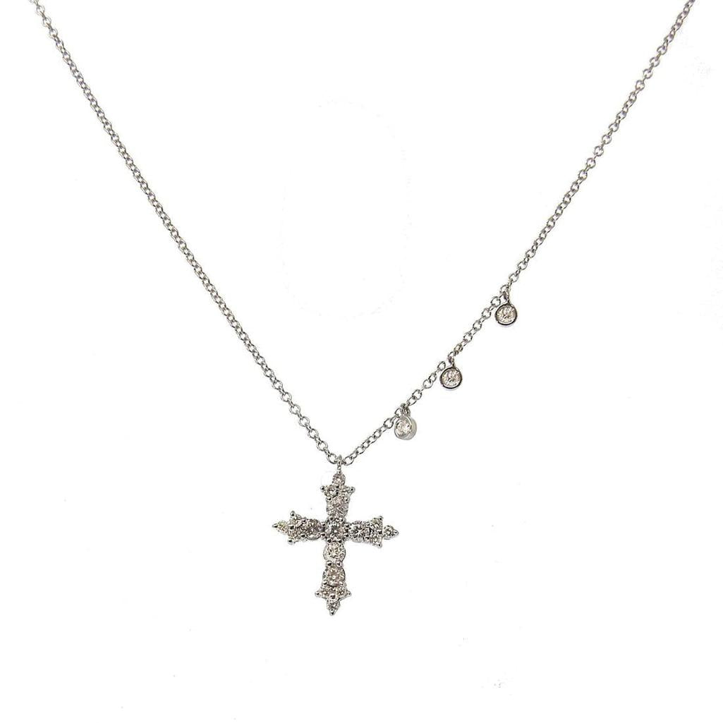 Ornate diamond cross necklace with 3 bezel accents
