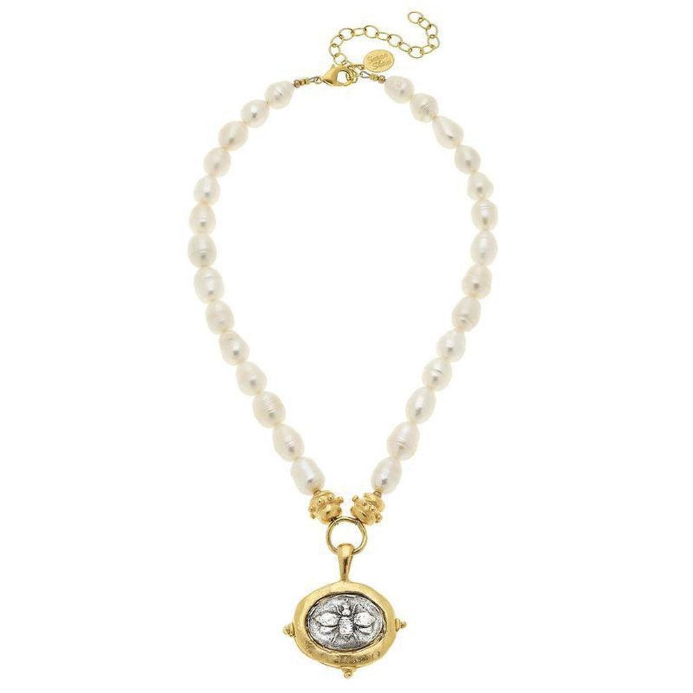 Oval Bee Pendant Necklace on Pearls-Susan Shaw-Swag Designer Jewelry