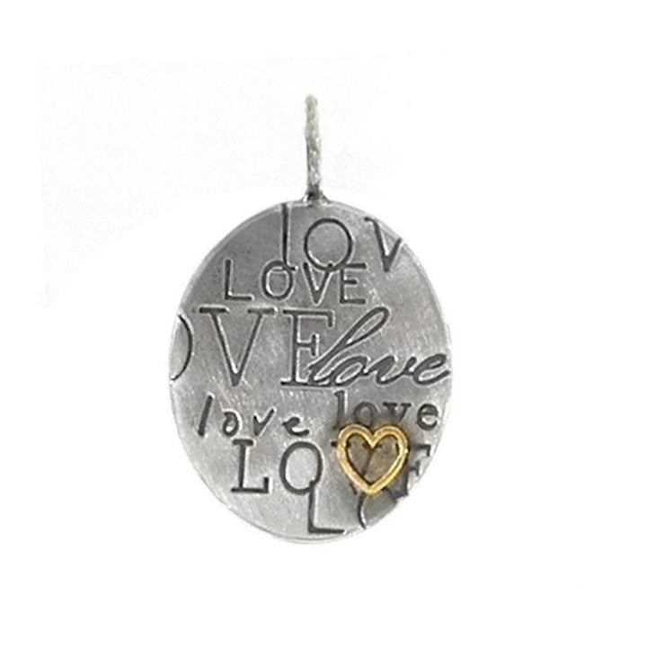 Oval Life & Love pendant: silver tone, engraved with "love" and featuring a gold heart charm.
