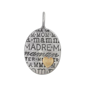 Oval Mother, Mama, Madre pendant with gold heart charm, silver tone, engraved with various words for Mom.
