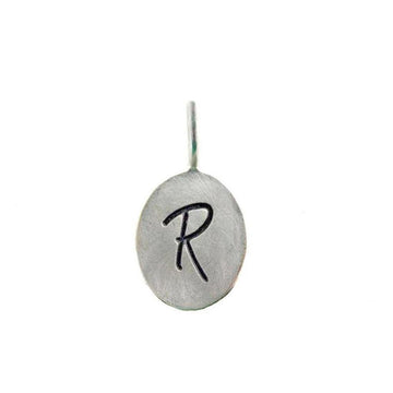 Silver oval letter pendant with initial R
