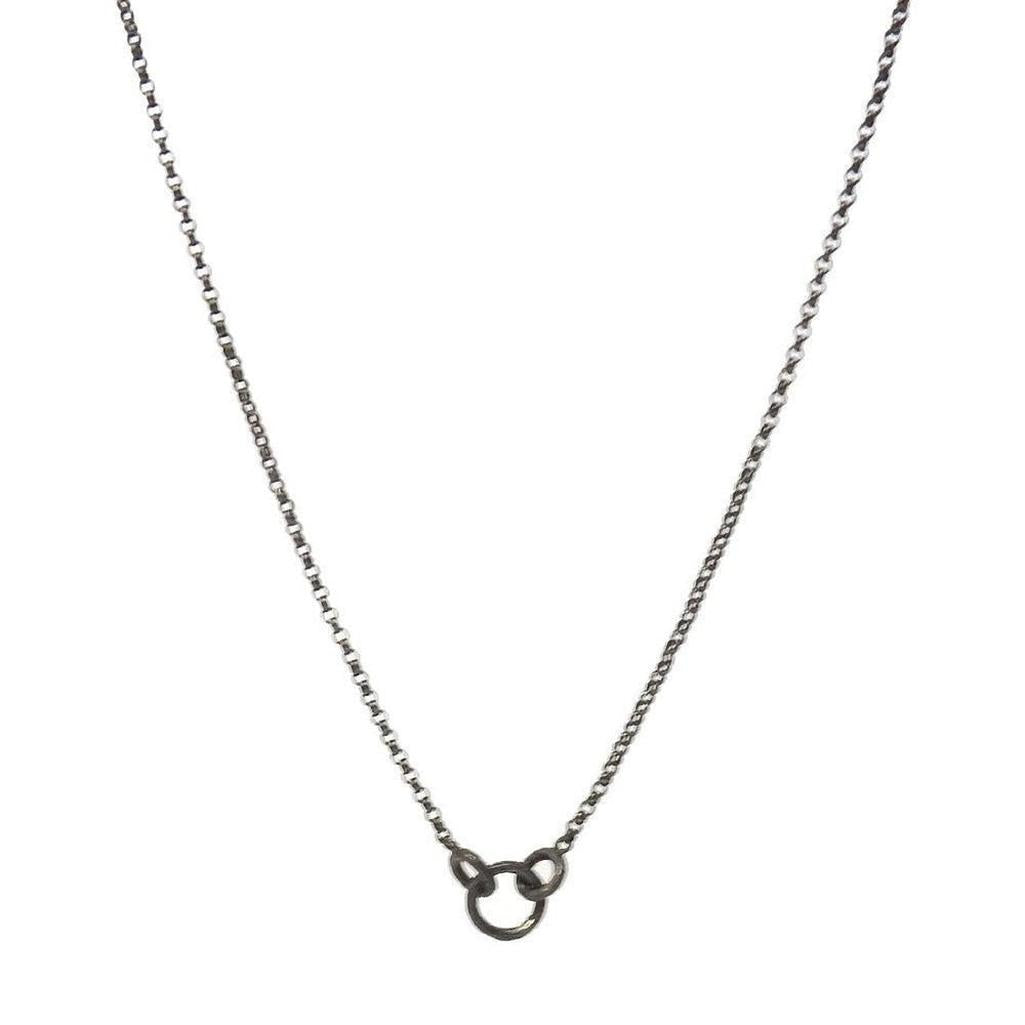 Oxidized rolo chain necklace with unique circle clasp.
