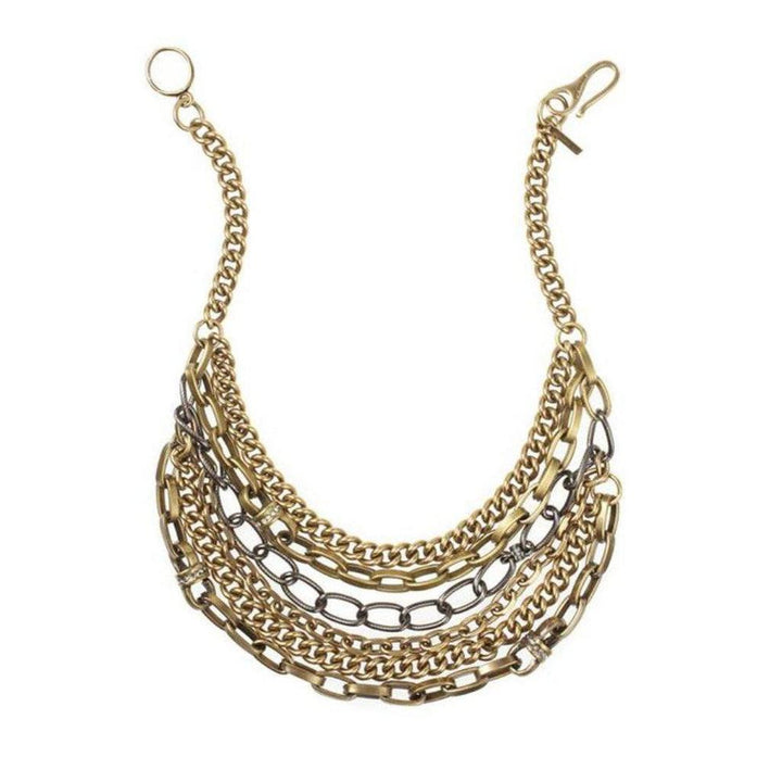 Paige Novick GM gold multi-layered chain necklace:  Statement necklace featuring gold and gunmetal chains, perfect for adding edgy elegance to any outfit.
