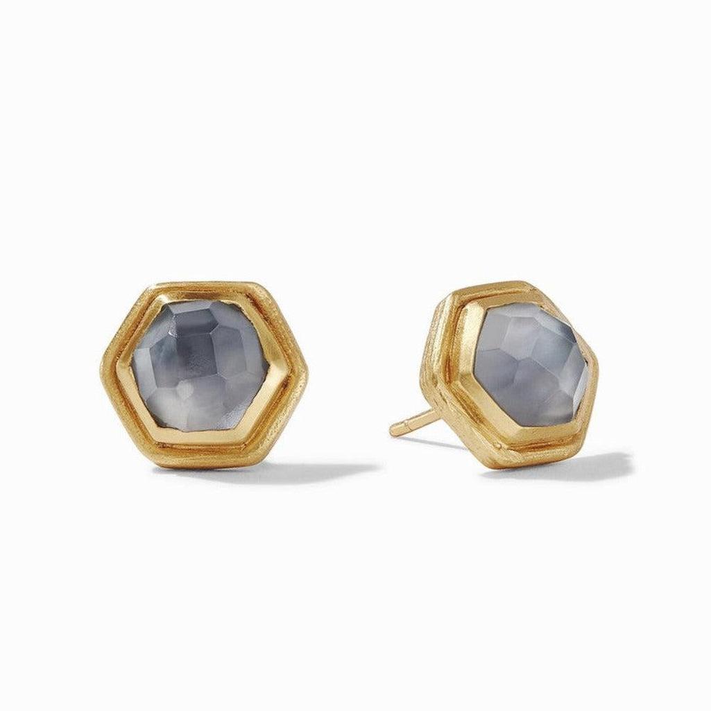 Palladio Stud Earrings: Gray stone hexagon stud earrings with gold setting.
