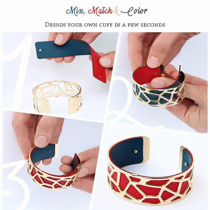Gold metal cuff bracelet with red and navy leather inlay, shown in a step-by-step assembly guide.
