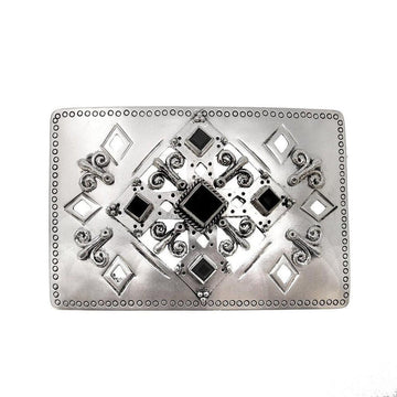Silver belt buckle with black stone inlay, ornate design.

