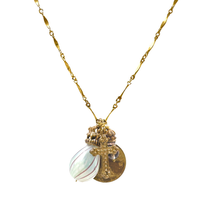Paris Medal, Cross, and Glass Charm Necklace