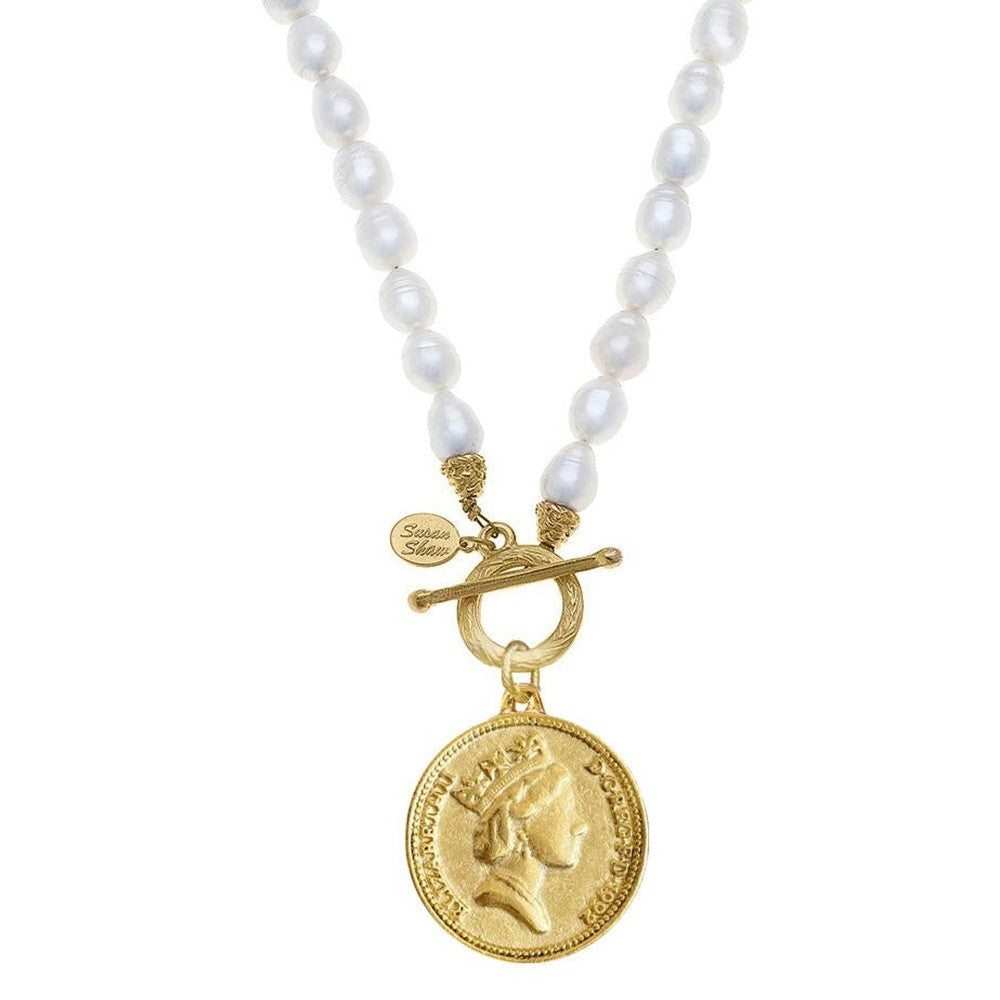 Queen Elizabeth Coin on Pearl Necklace-Susan Shaw-Swag Designer Jewelry