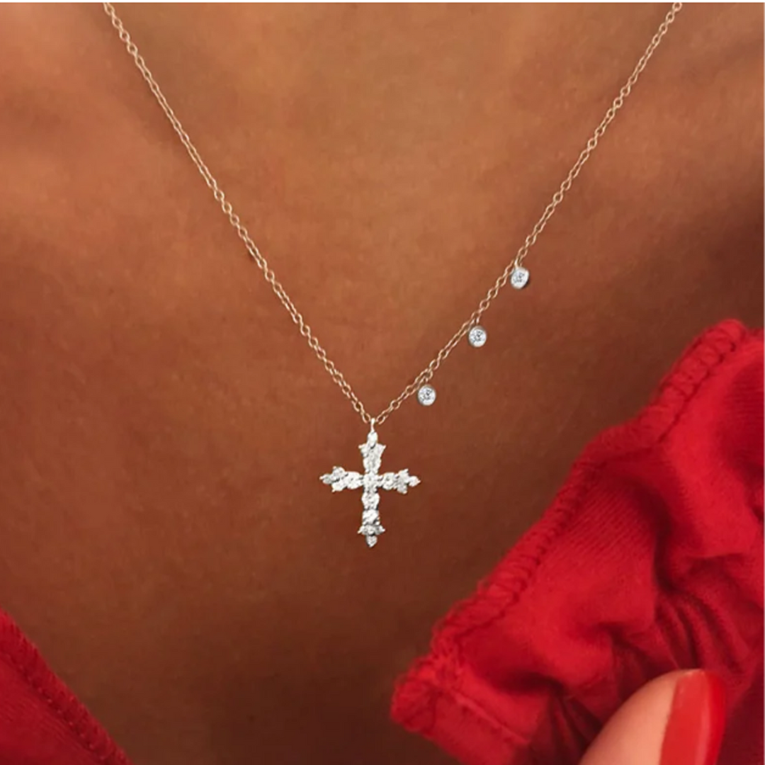 Ornate Cross Necklace with 3 Bezels