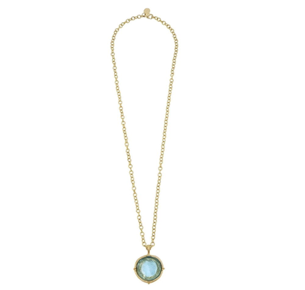 Long Aqua Venetian Glass Coin Intaglio Necklace