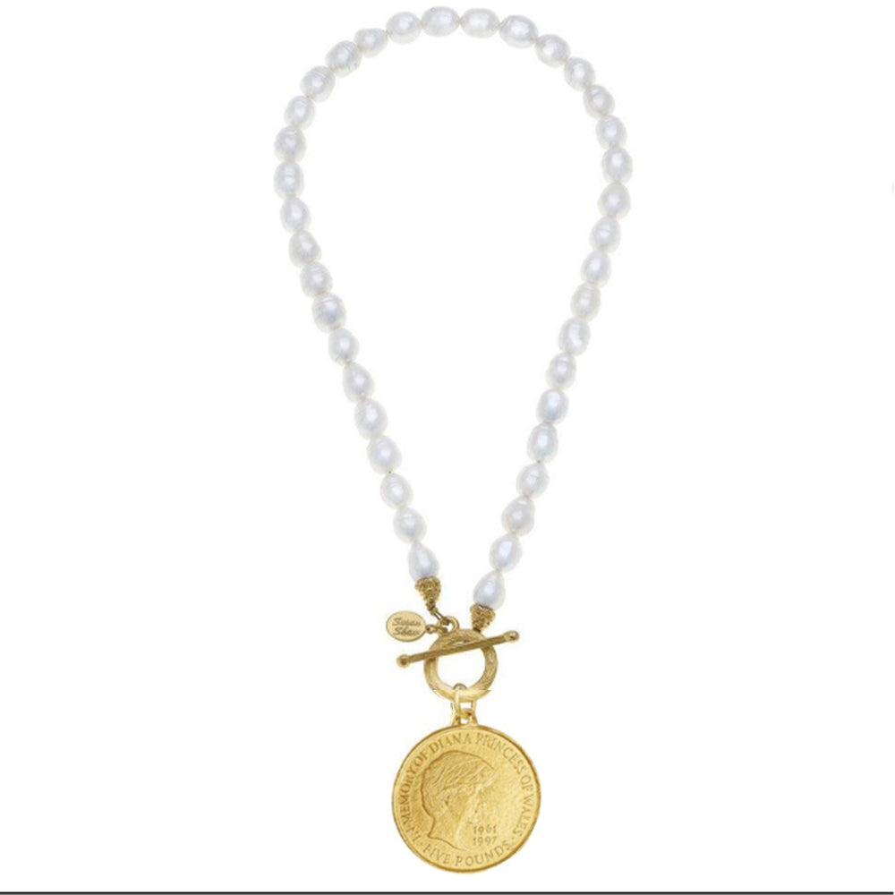 18-inch pearl necklace featuring a gold-plated Princess Diana memorial coin pendant with a front toggle closure.