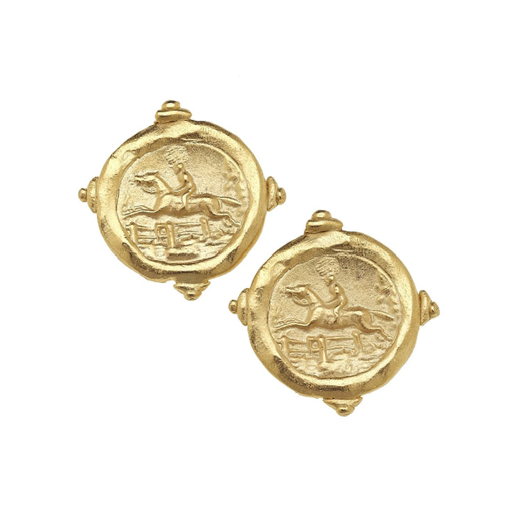 Handcast gold equestrian intaglio stud earrings with a 1-inch round coin design featuring a rider on horseback.